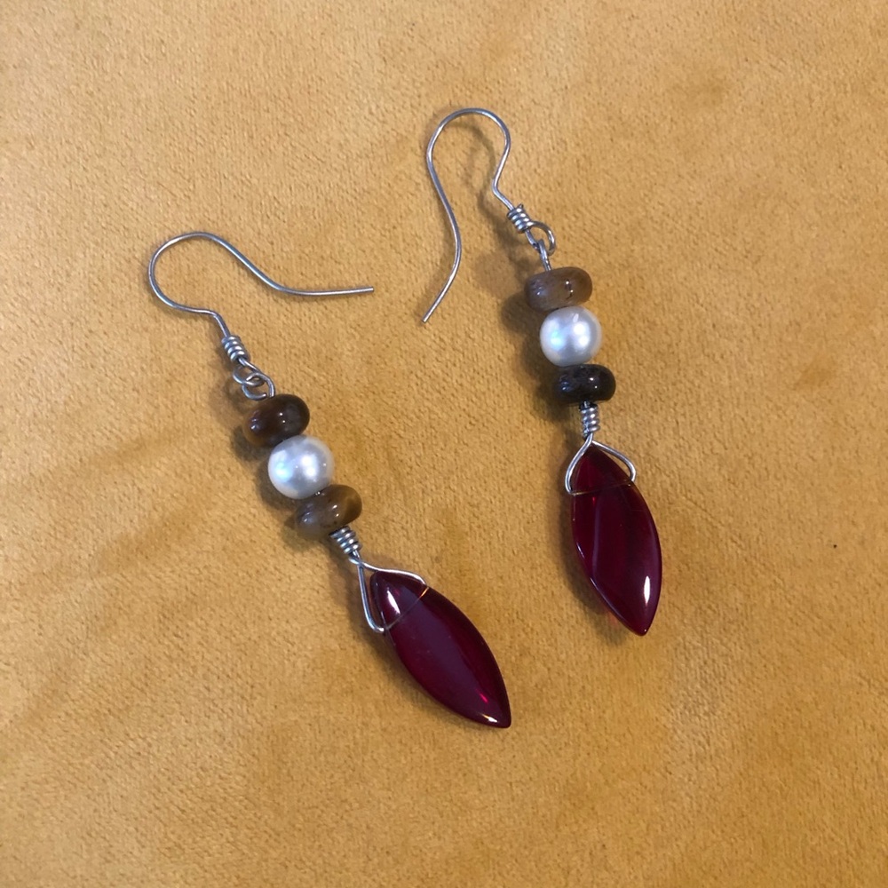 Tiger's Eye Brown White Red Dangle Earrings Silver-Tone Beaded Statement Jewelry